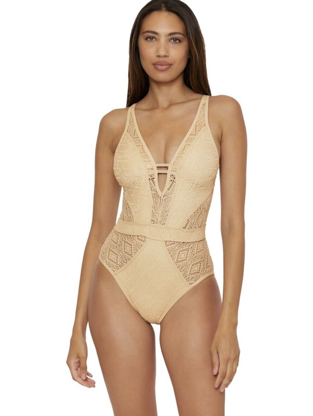 BECCA Standard Color Play Crochet One Piece Swimsuit Size M Gold NWT